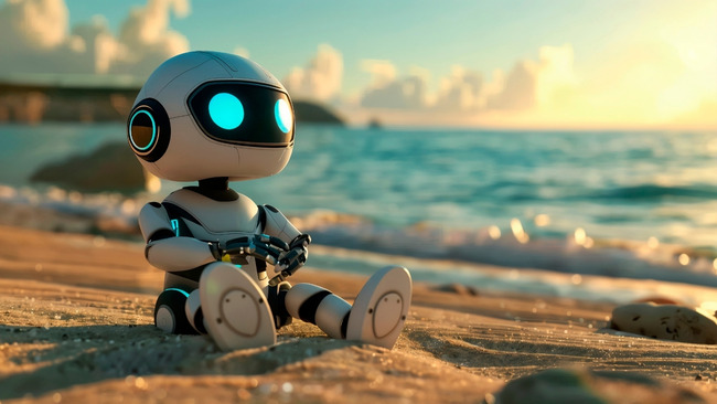 Een kleine robot op het strand.